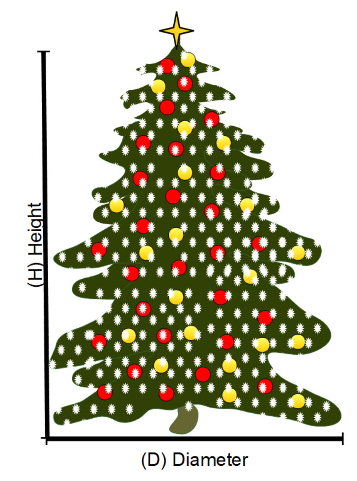 Christmas tree diagram with topper, lights and ornaments.